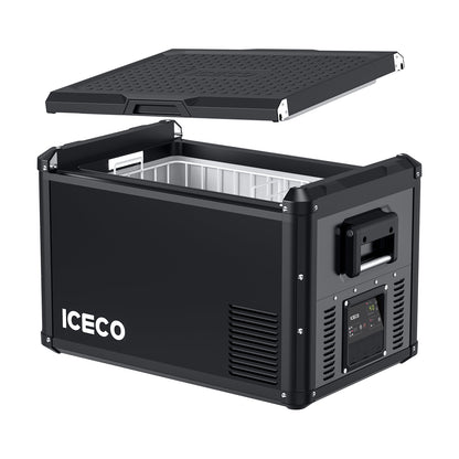 Réfrigérateur congélateur ICECO VL60PROS 60L gris avec compartiments, compact et idéal pour le camping ou le voyage.