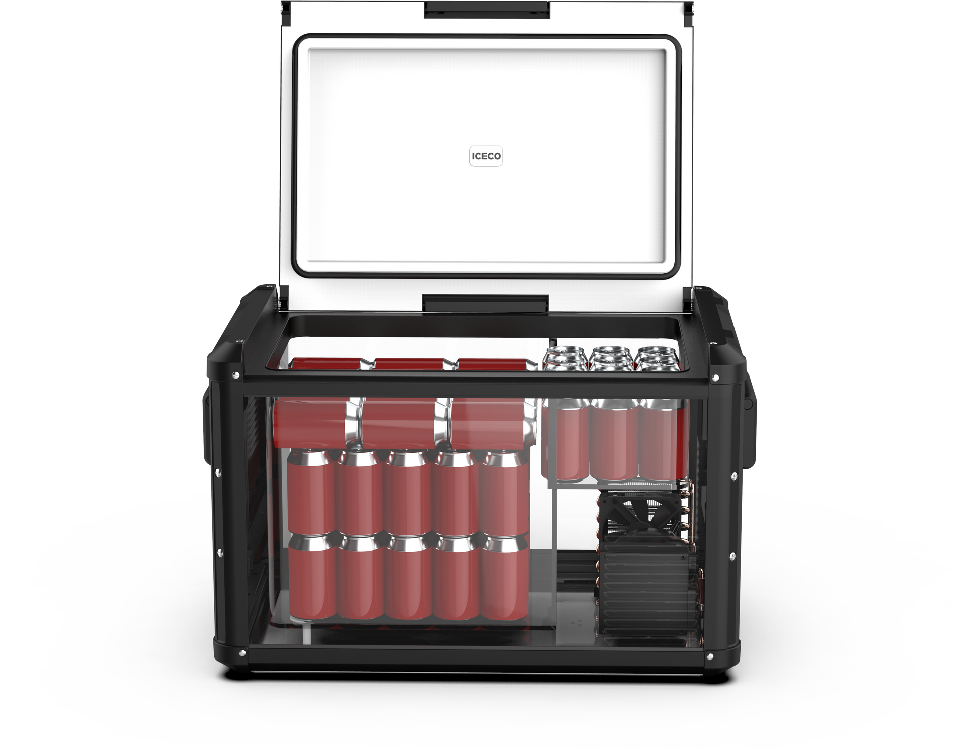 Réfrigérateur congélateur ICECO VL60PROS 60L gris, appareil portable pour la cuisine ou le camping, avec compartiments de stockage.