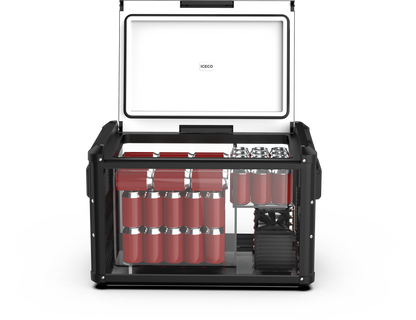 Réfrigérateur congélateur ICECO VL60PROS 60L gris, appareil portable pour la cuisine ou le camping, avec compartiments de stockage.