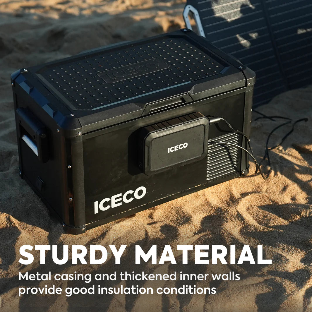 Réfrigérateur congélateur ICECO VL60PROS 60L, portable, avec compartiments de stockage, conçu pour la puissance et la mobilité.