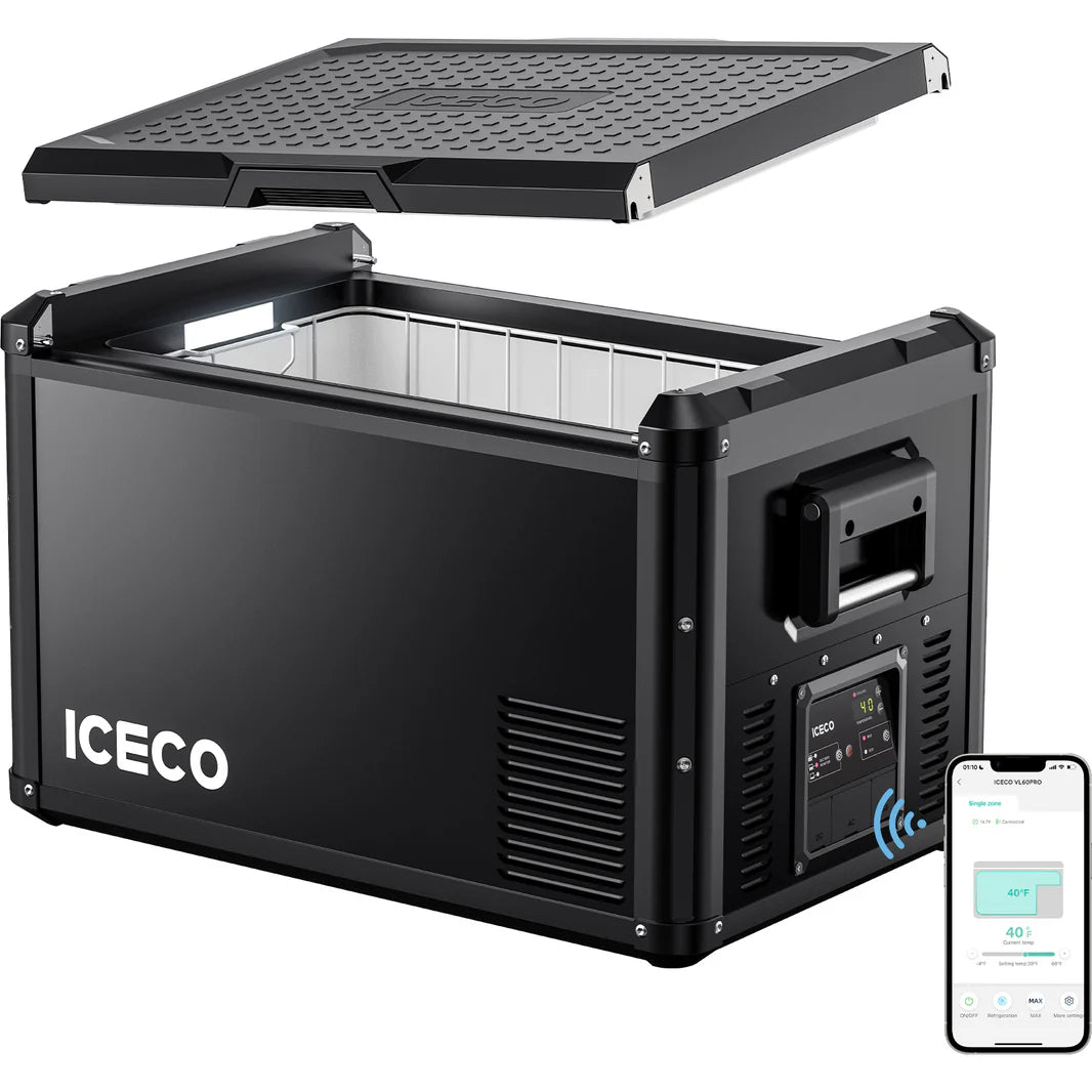 Réfrigérateur congélateur ICECO VL60PROS 60L portable, compact, avec compartiments pour la conservation des aliments.