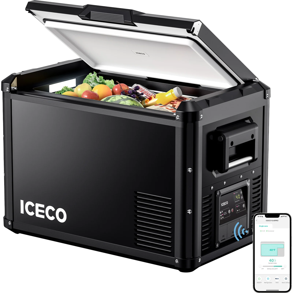 Réfrigérateur congélateur ICECO VL60PROS 60L, portable avec puissance, conçu pour le camping et les activités extérieures.