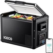 Réfrigérateur congélateur ICECO VL60PROS 60L, portable avec puissance, conçu pour le camping et les activités extérieures.