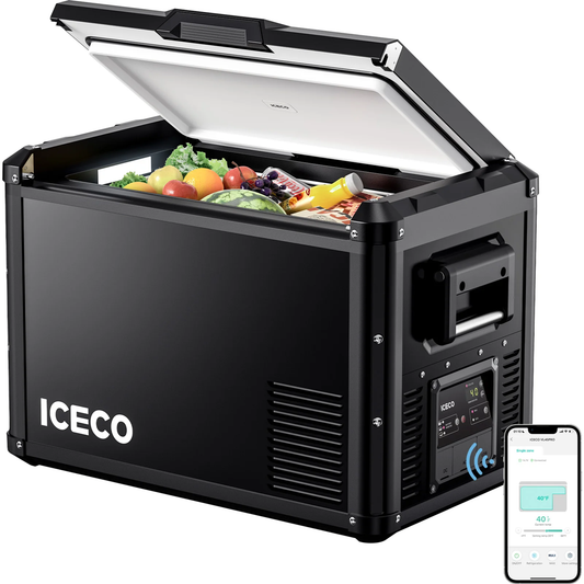Réfrigérateur congélateur ICECO VL60PROS 60L, portable avec puissance, conçu pour le camping et les activités extérieures.
