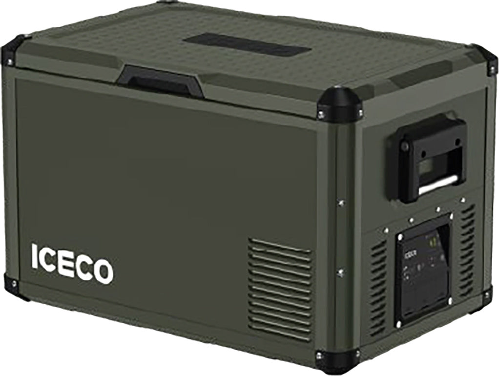 Réfrigérateur congélateur ICECO VL60PROS 60L en vert olive, compact et portable, pour aventures en plein air ou camping.