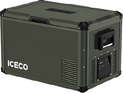 Réfrigérateur congélateur ICECO VL60PROS 60L en vert olive, compact et portable, pour aventures en plein air ou camping.