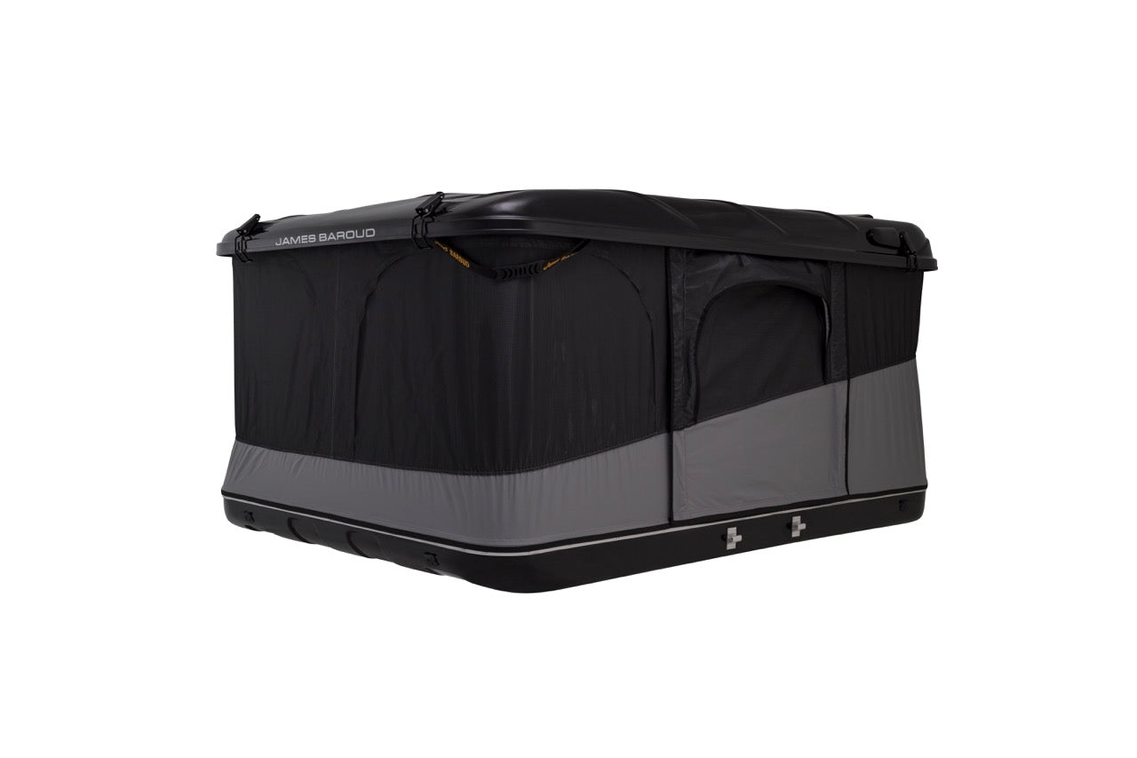Tente de toit James Baroud Evasion S/M/XL avec coque rigide, vue de profil, installation sur véhicule.
