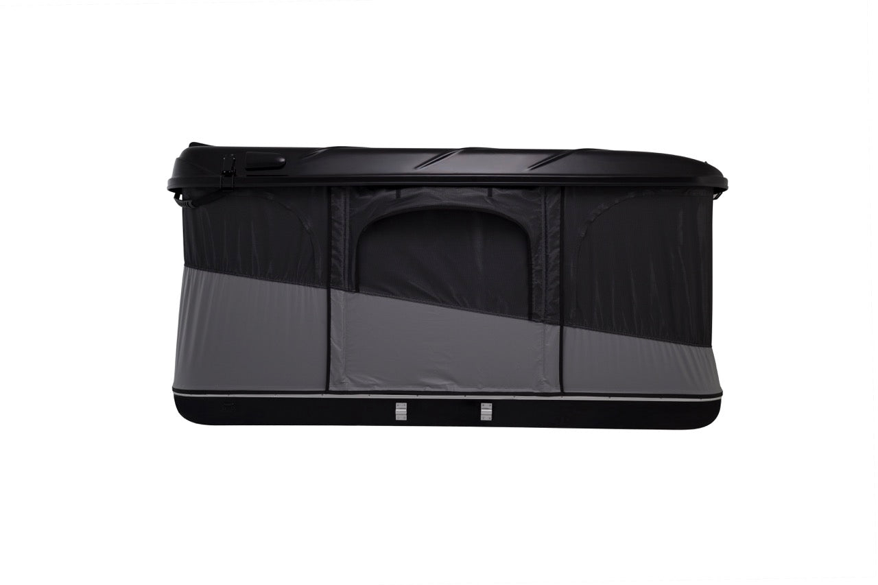 Tente de toit James Baroud Evasion S/M/XL avec coque rigide, installation sur véhicule, couleur gris clair.