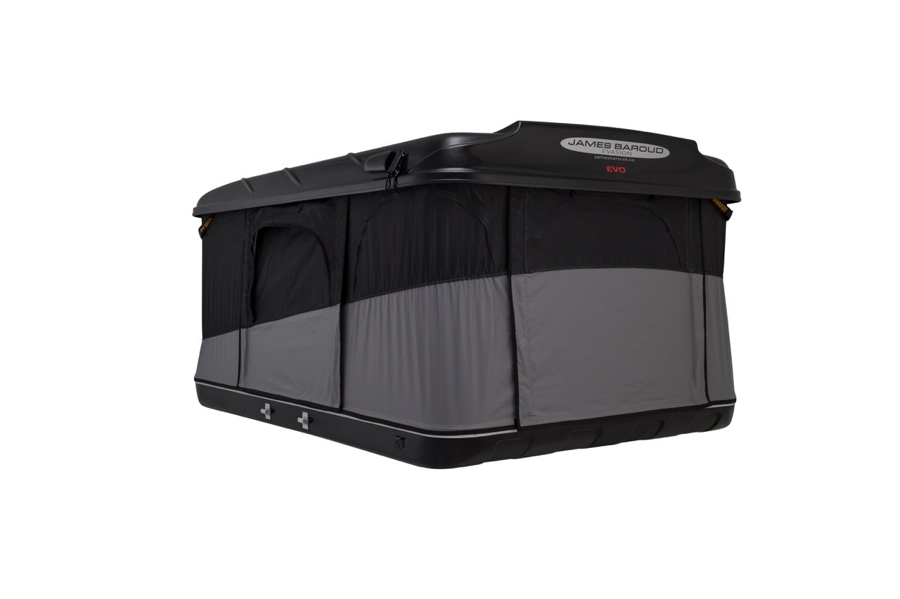 Tente de toit James Baroud Evasion S/M/XL avec coque rigide, installation sur véhicule, couleur gris foncé.