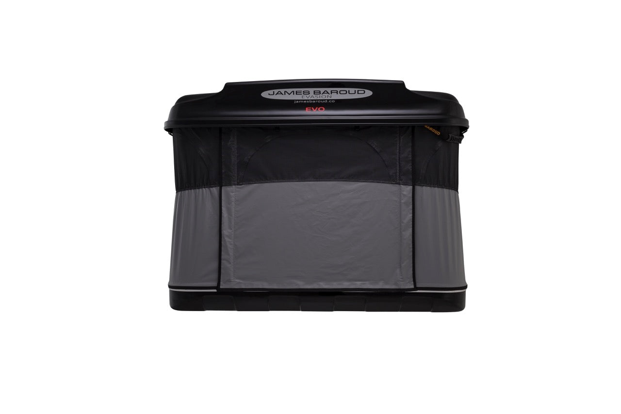 Tente de toit rigide James Baroud Evasion S/M/XL installée sur un véhicule, coque solide et design pratique pour camping en plein air.