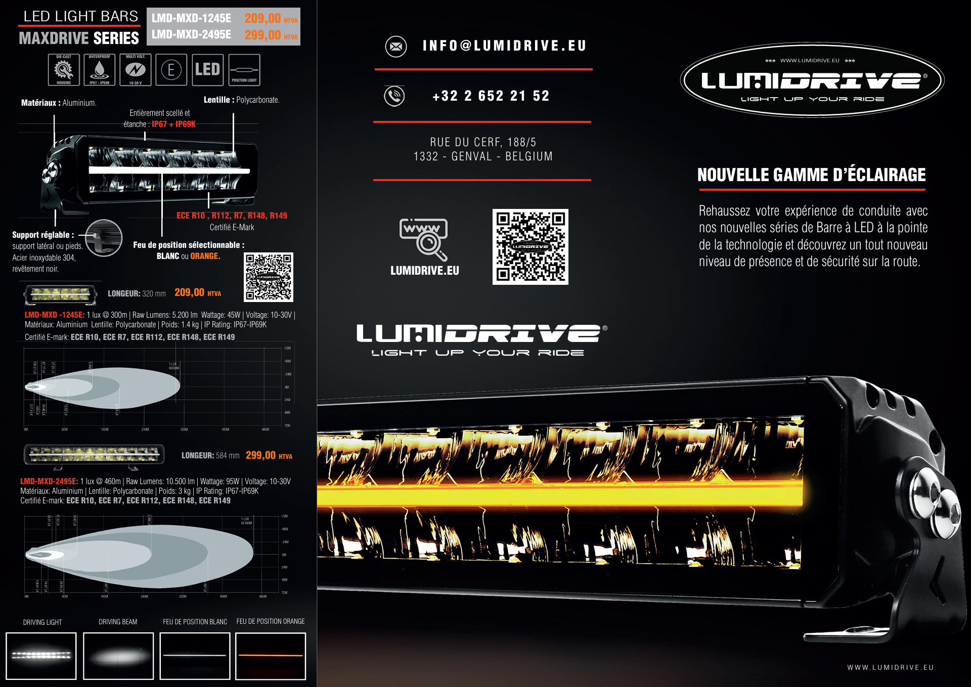 Barre LED Lumidrive MAXDRIVE 1245 pour feux de position, éclairage LED robuste, avec fonctions sélectionnables, en noir.