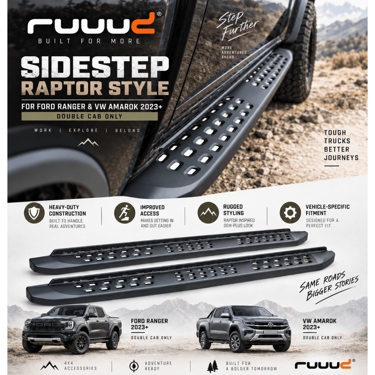 Marchepieds Latéraux Aluminium Style Raptor Ford Ranger T9 & VW Amarok 2023+ - RUUUD - Ford Ranger/Raptor 2023+