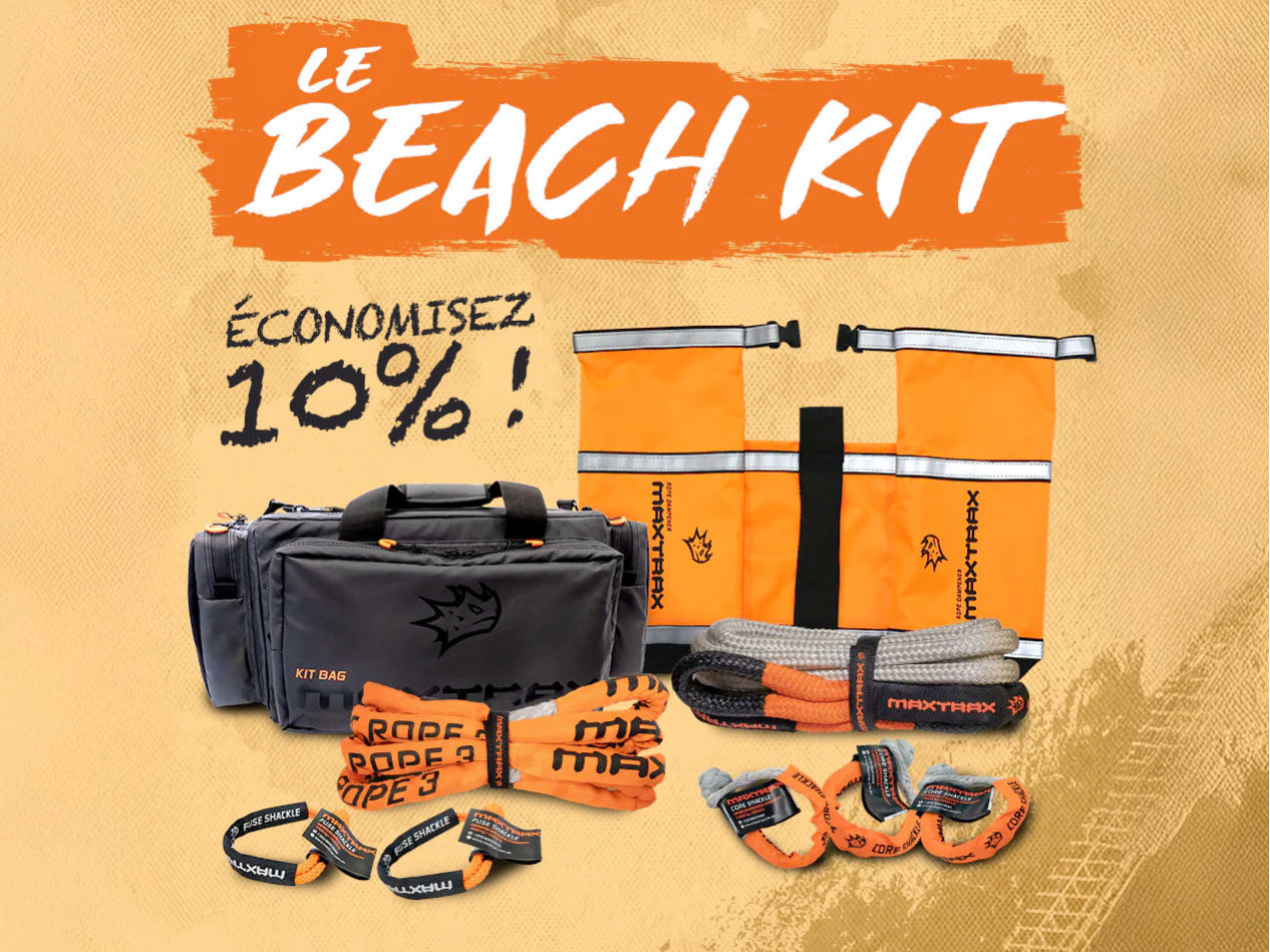 Kit d'accessoires Maxtrax pour treuillage en zone sableuse, idéal pour récupération sur plages et terrains sablonneux.