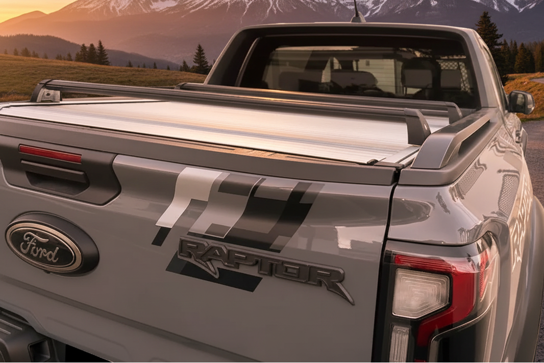 Kit de 2 barres de toit MountainTop pour Ford Ranger et VW Amarok 2023+, pour montage de rideau d'origine, robuste et pratique.