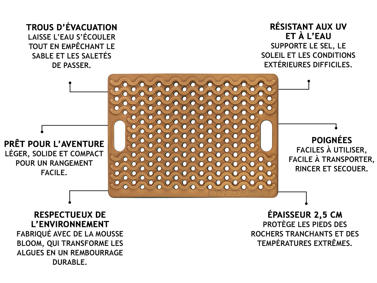 Tapis de douche extérieur ONTAP Mariner Mat beige, avec jerrycan, idéal pour camping et 4x4, surface antidérapante.