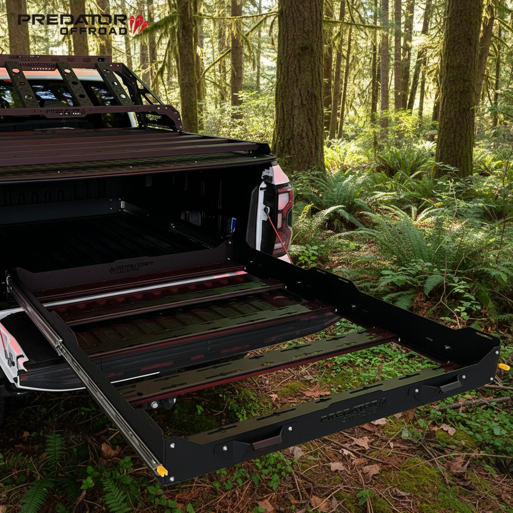 Plateau coulissant Predator Offroad pour pickup 4x4, robuste et pratique, monté sur un véhicule tout-terrain.