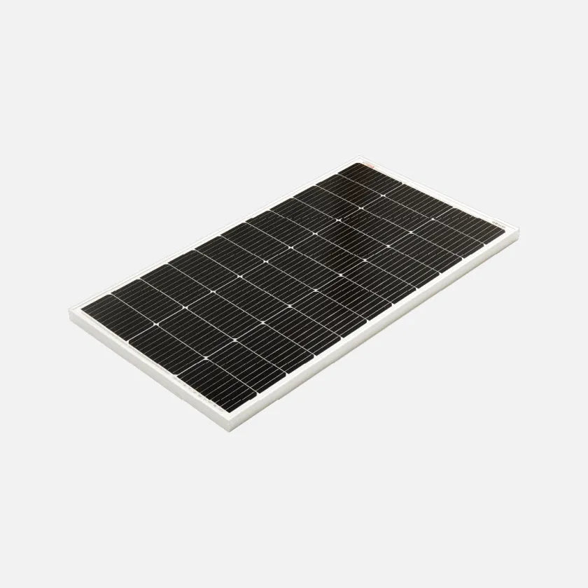 Panneau solaire monocristallin REDARC 120W pour camping, avec cadre en aluminium et cellules solaires brillantes.