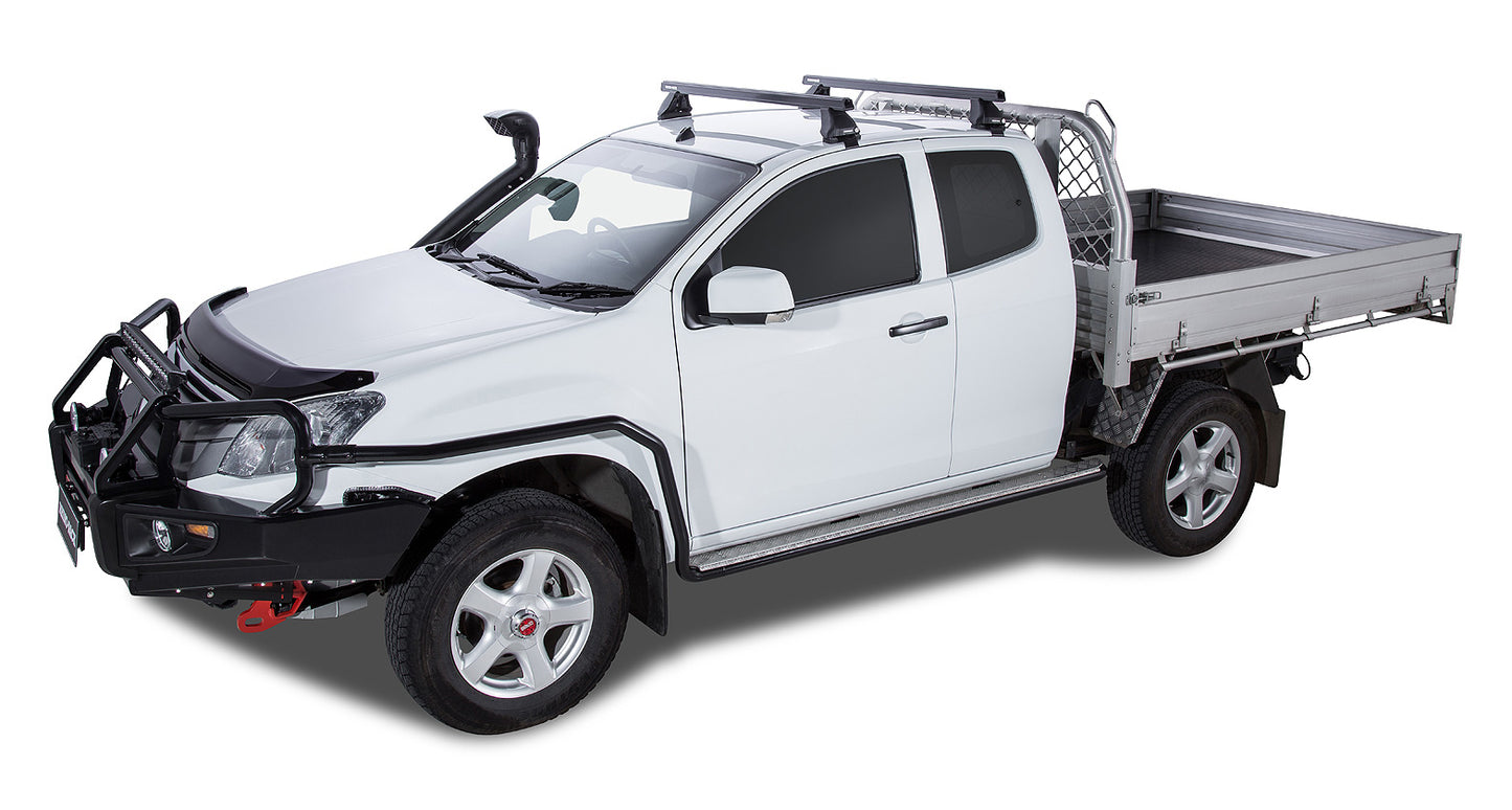 Deux barres de toit Rhino-Rack Heavy Duty noires de 1375mm pour Isuzu D-Max Gen II TF 2016-2020, série 2500, fixation robuste.