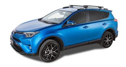 Kit 2 barres de toit Vortex SX RHINO-RACK pour Toyota RAV4 2012-2019, montées sur le véhicule, prêtes à fixer des accessoires.
