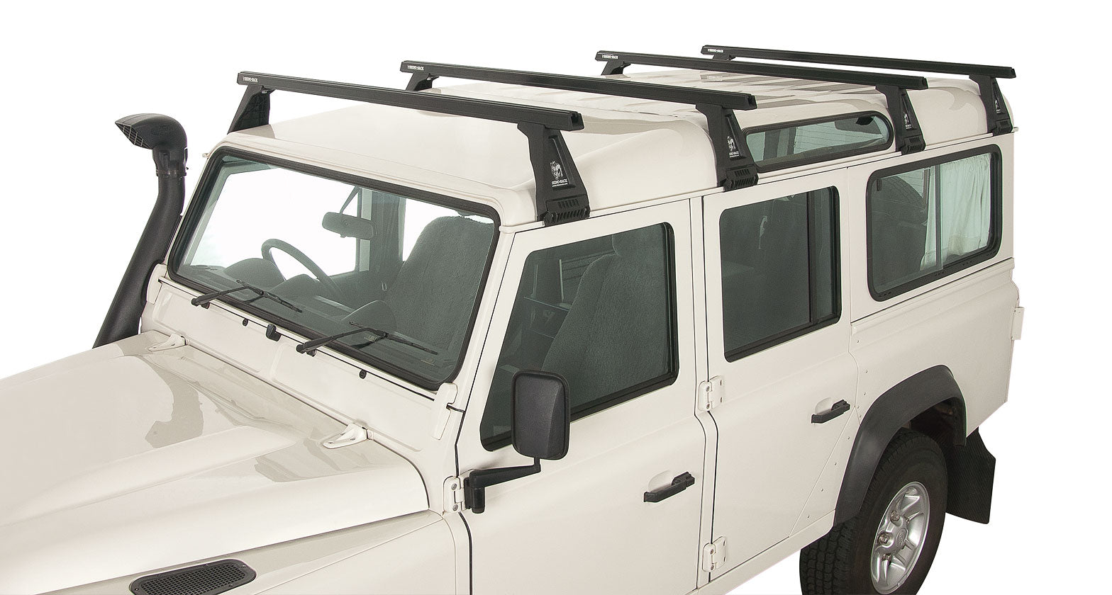 Kit de 4 barres de toit noires Heavy Duty 1500mm avec pieds pour Land Rover Defender 110 1993-2020, marque RHINO-RACK.
