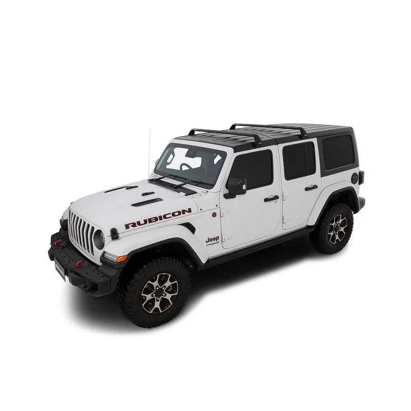 Kit de 2 barres de toit Vortex SG noires pour Jeep JK/JL/JT 4 portes, marque Rhino-Rack, fixations robustes et design aérodynamique.