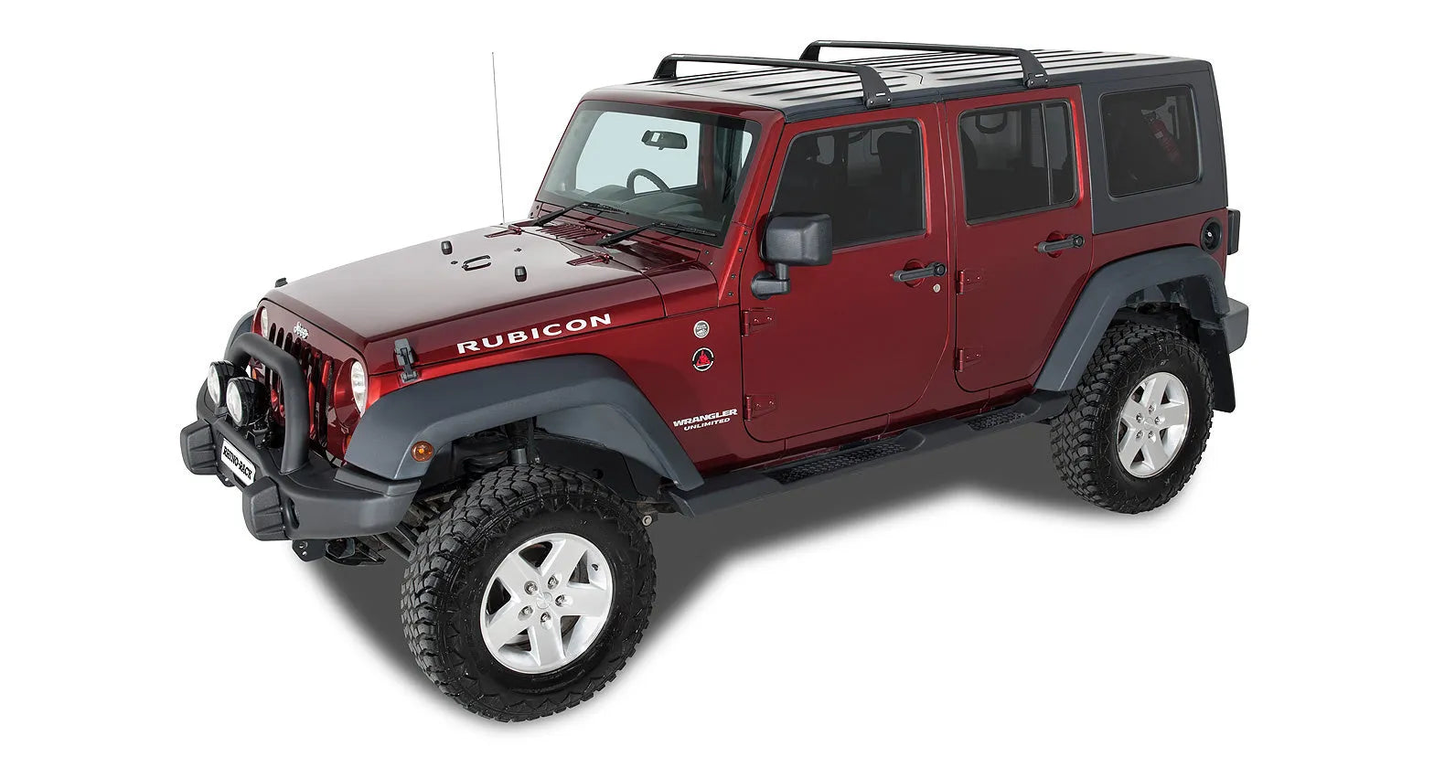 Kit de 2 barres de toit Vortex SG noires pour Jeep JK, JL et JT 4 portes, marque Rhino-Rack, fixation robuste.
