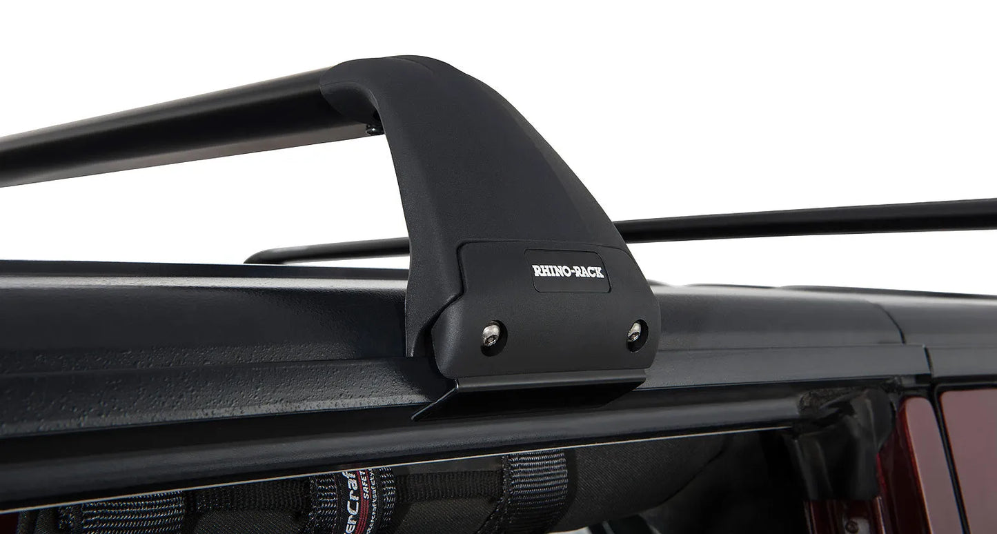 Kit de 2 barres de toit Vortex SG noires pour Jeep JK/JL/JT 4 portes, compatible avec RHINO-RACK, vue de dessus.