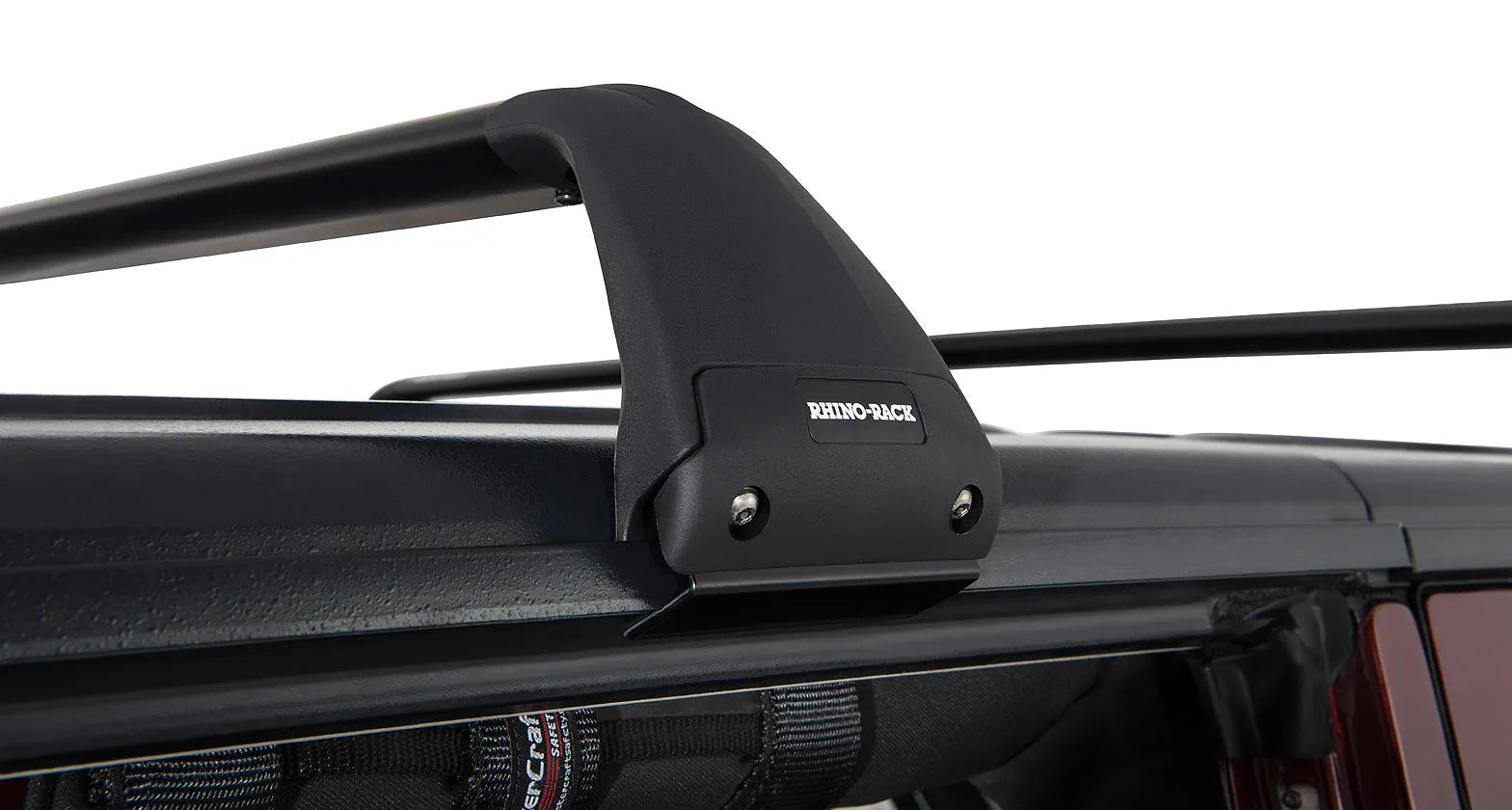Kit de 2 barres de toit Vortex SG noires pour Jeep JK/JL/JT 4 portes, compatible avec RHINO-RACK, vue de dessus.