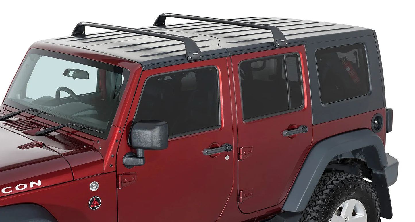 Kit de 2 barres de toit Vortex SG noires pour Jeep JK/JL/JT 4 portes, marque RHINO-RACK, fixation robuste pour accessoires.