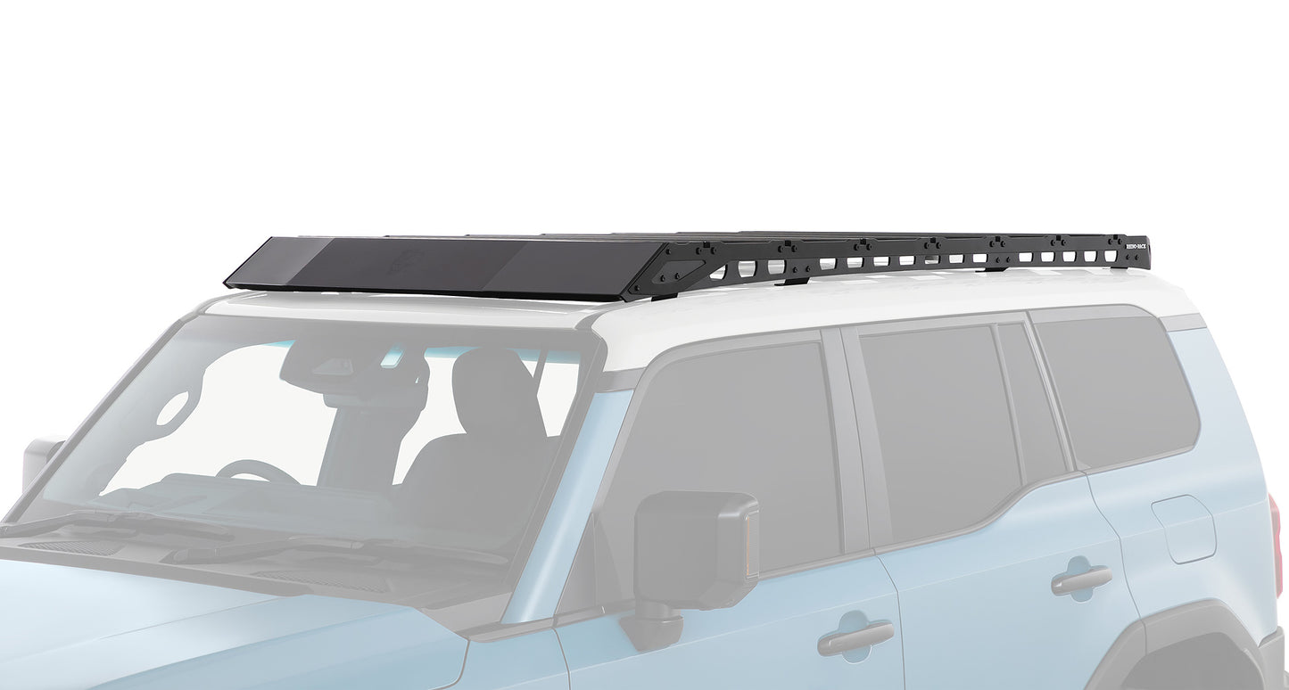 Galerie de toit RHINO-RACK pour Land Cruiser Prado 250, dimensions 2413x1219mm, avec barres et fixation robustes.