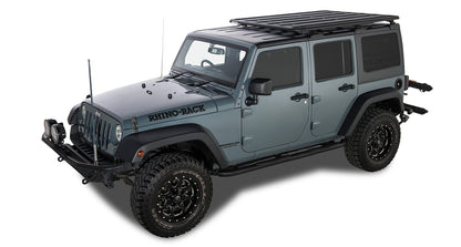 Kit galerie de toit Rhino-Rack RLT600 pour Jeep Wrangler JK 4 portes, fixation solide et dimensions 1800x1430 mm.