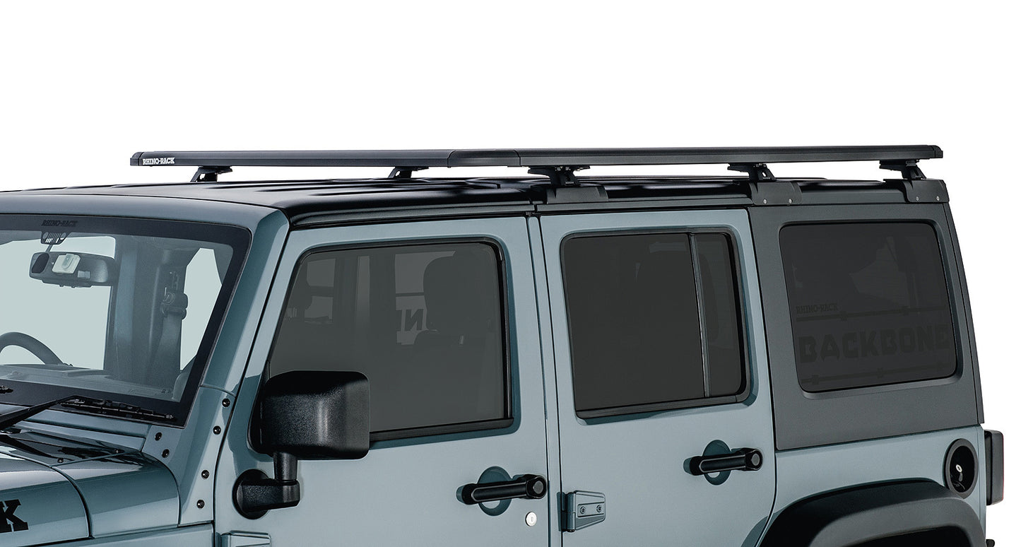 Galerie de toit Rhino-Rack RLT600 pour Jeep Wrangler JK 4 portes, dimensions 1800mm x 1430mm, vue de profil.