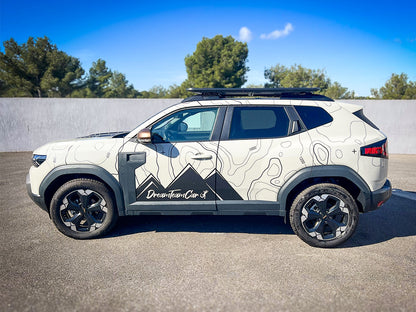 Kit galerie de toit Pioneer 1300x1240mm RHINO-RACK pour Dacia Duster 2024+ visible avec barres robustes et fixation solide.