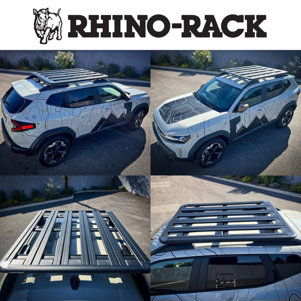Galérie de toit Rhino-Rack Pioneer 1300x1240mm pour Dacia Duster 2024, vue de côté avec fixation robuste.