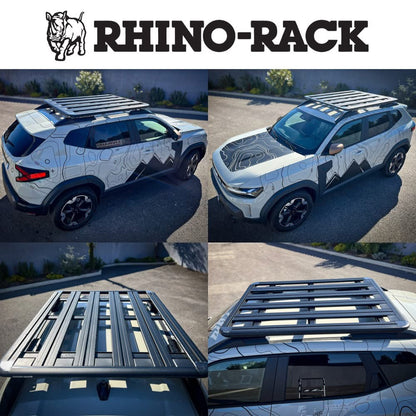 Galérie de toit Rhino-Rack Pioneer 1300x1240mm pour Dacia Duster 2024, vue de côté avec fixation robuste.