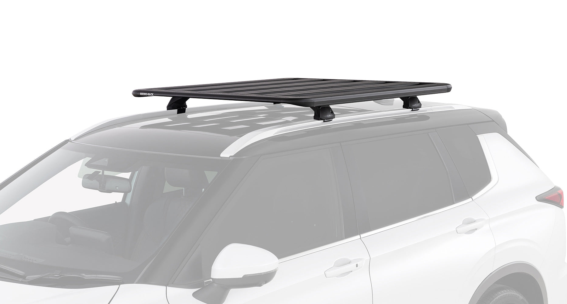Galerie de toit Rhino-Rack Pioneer pour Mitsubishi Outlander Gen4 2021+, dimensions 1300 x 1240mm, vue de côté.