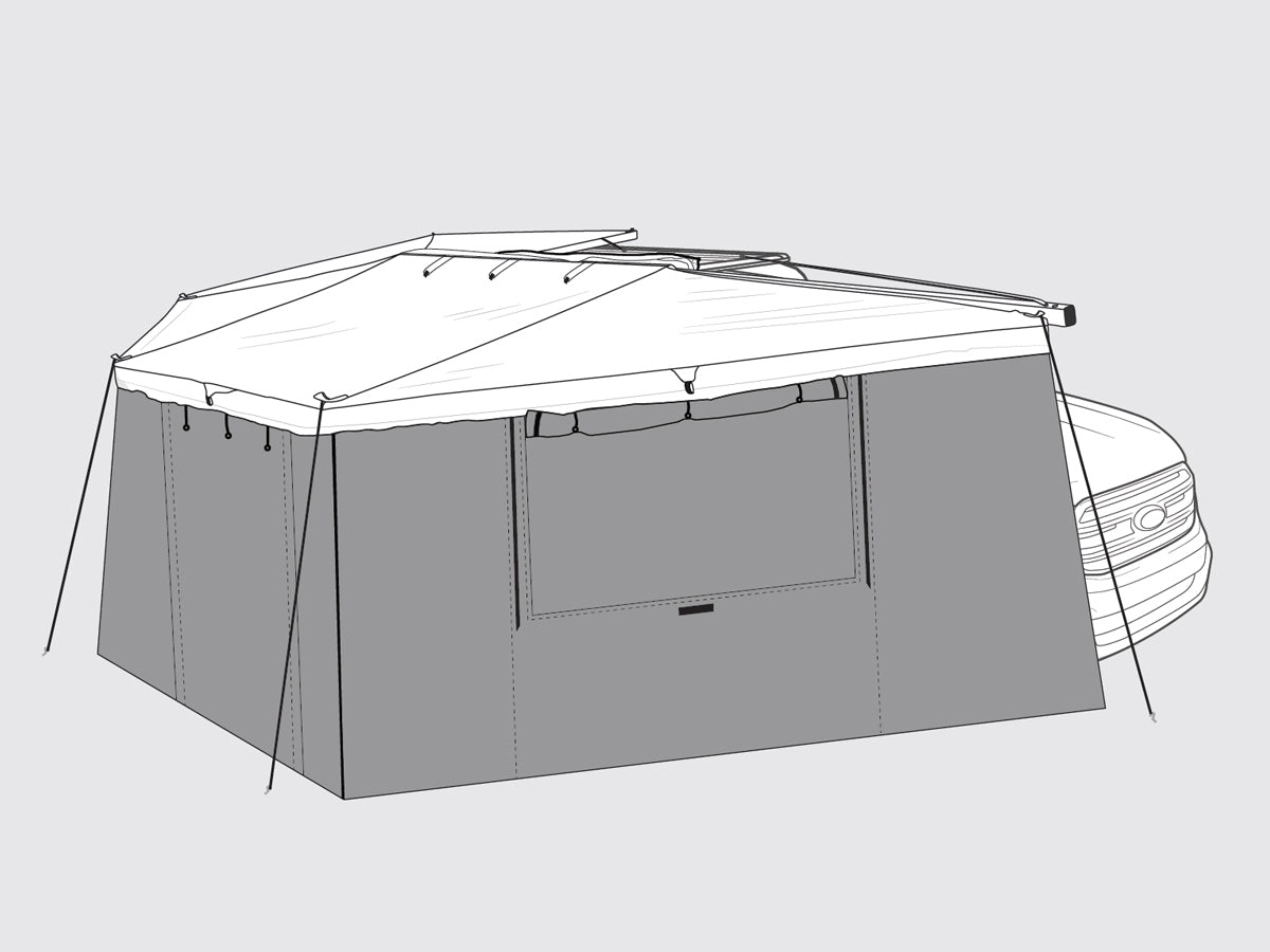 Kit de parois d'auvent Batwing 270° autoportant de Rhino-Rack, avec supports et fixation pour véhicule.