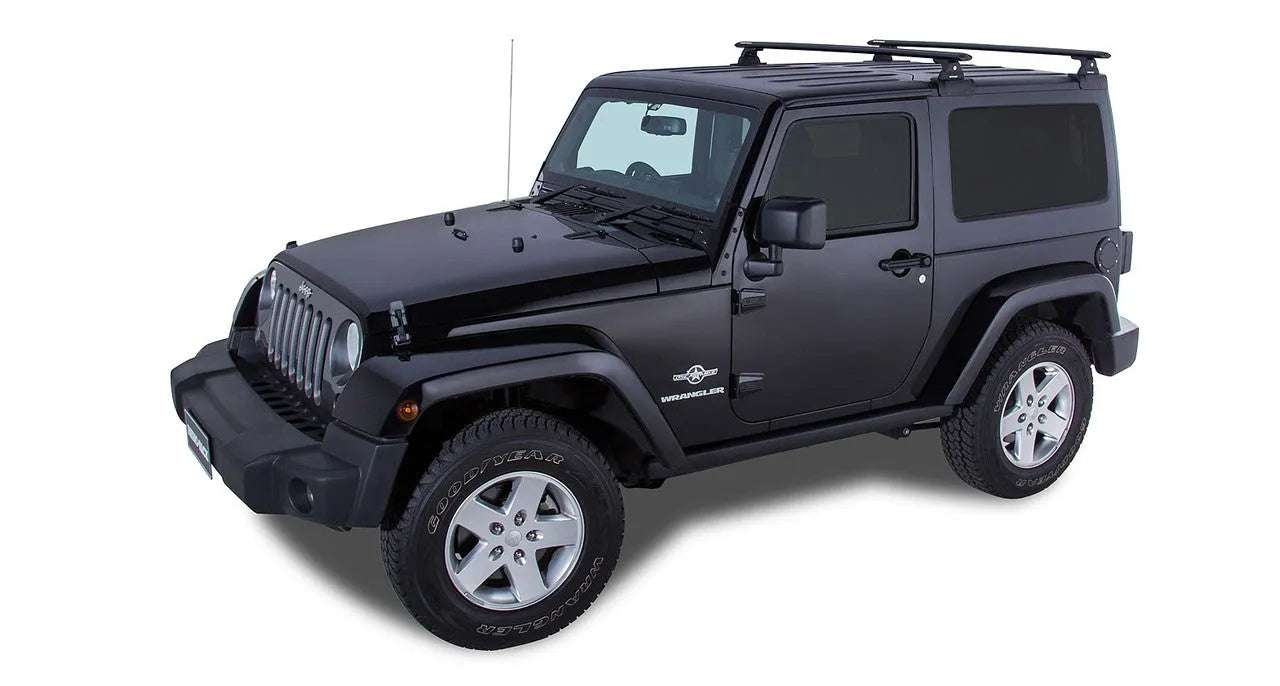 Kit de 2 barres de toit RHINO-RACK Sportz 1500mm pour Jeep Wrangler JK 2 portes, fixation solide pour transport sécurisé.