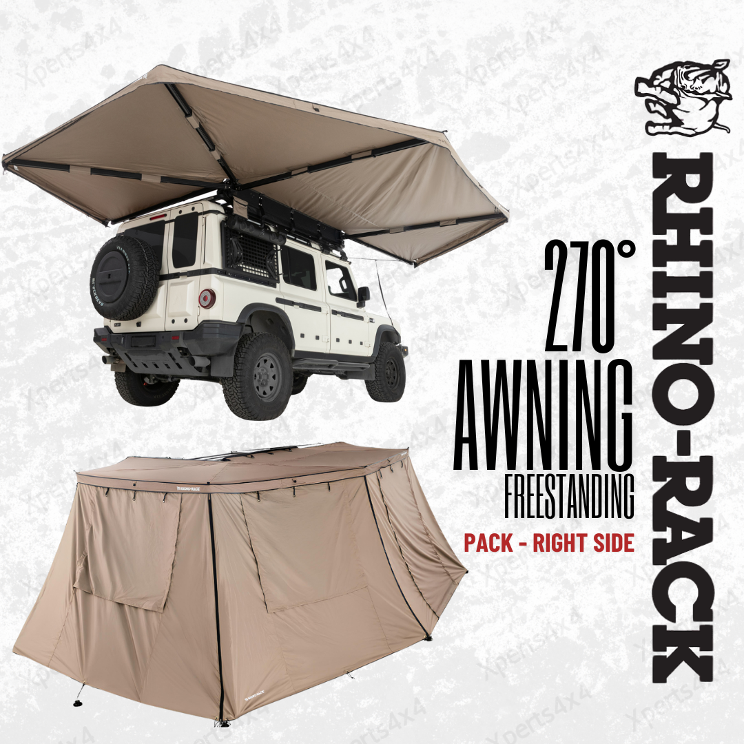 Auvent auto-portant 270° RHINO-RACK avec parois batwing côté droit, idéal pour camping et véhicules tout-terrain.