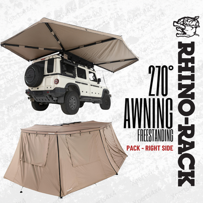 Auvent auto-portant 270° RHINO-RACK avec parois batwing côté droit, idéal pour camping et véhicules tout-terrain.