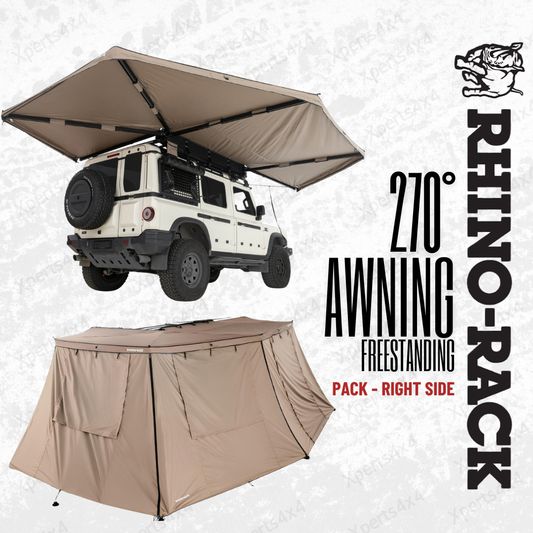 Auvent auto-portant 270° RHINO-RACK avec parois batwing côté droit, idéal pour camping et véhicules tout-terrain.