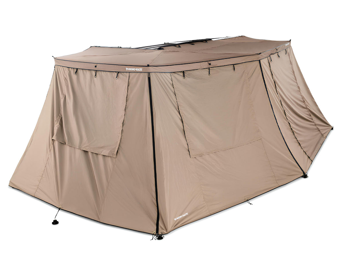 Auvent auto-portant 270° RHINO-RACK avec parois batwing droit, pour véhicule, fixé sur le côté.