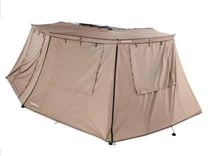 Auvent auto-portant RHINO-RACK 270° avec parois batwing côté gauche, pour véhicule tout-terrain.