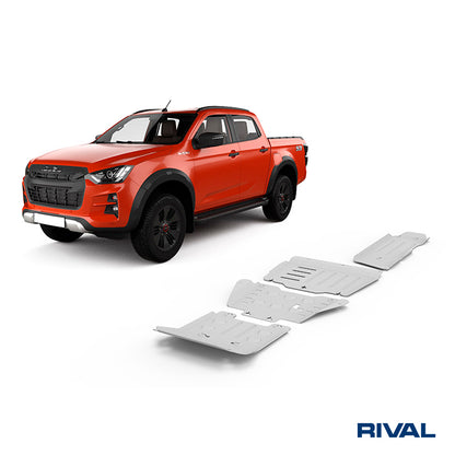 Kit de blindage en alu 6mm Rival4x4 pour protections inférieures du Isuzu D-Max 2020+ avec pièces en aluminium robustes.