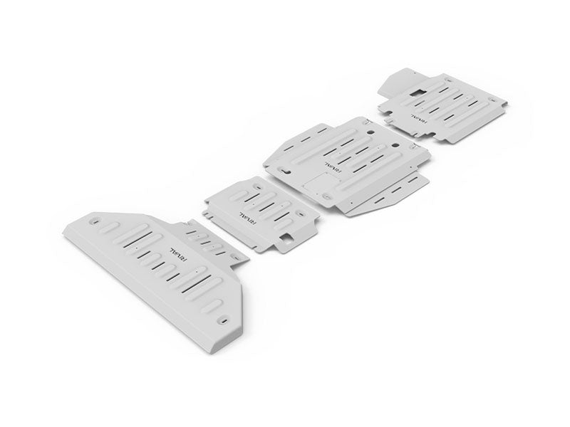 Kit de protections inférieures en aluminium de 6mm pour Dodge RAM 1500 2019+ par Rival 4x4, montre les pièces renforcées.