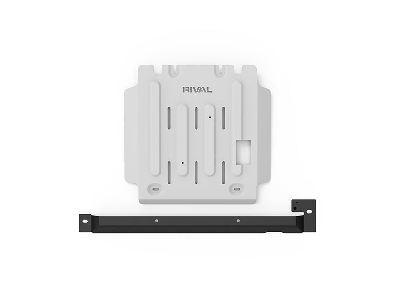 Kit de protections inférieures en aluminium de 6mm pour Dodge RAM 1500 2019+ par RIVAL 4X4, visible avec pièces robustes.