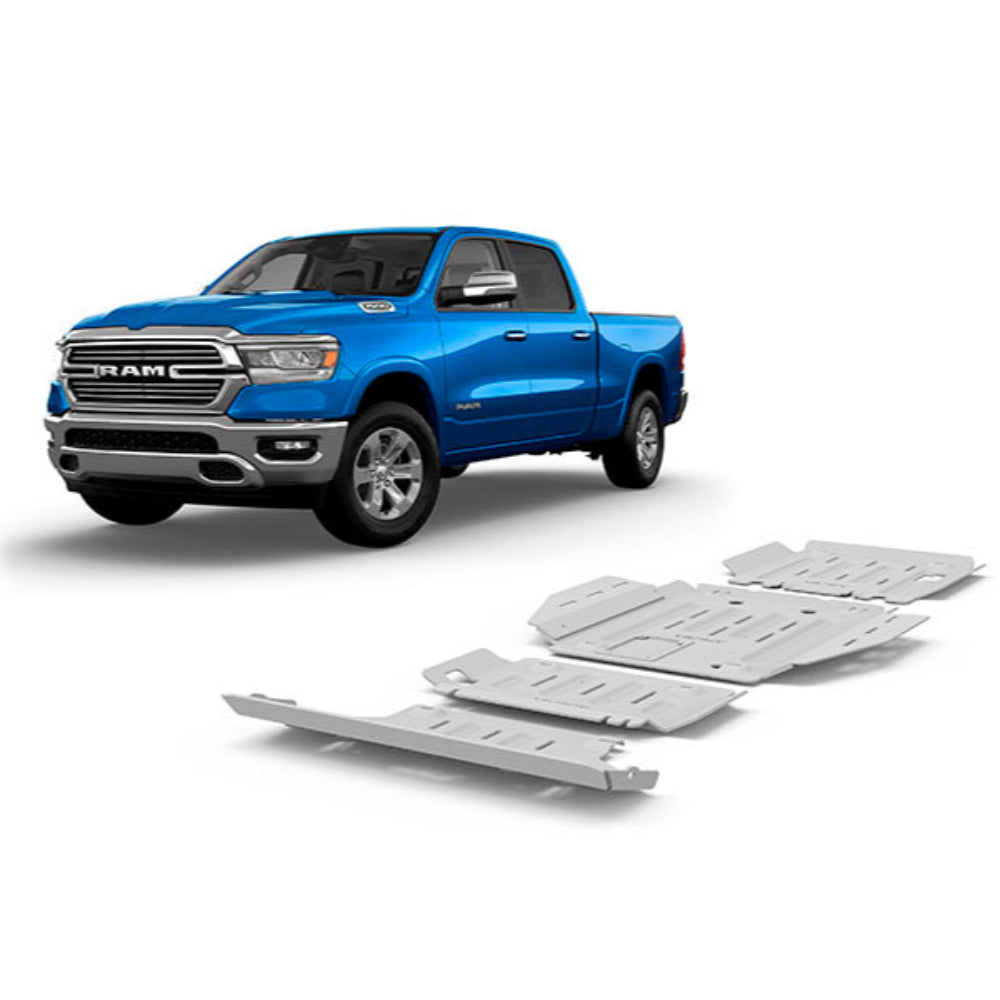 Protection inférieure en aluminium de 6mm pour Dodge RAM 1500 2019+ par RIVAL 4X4, montrant la pièce métallique robuste.