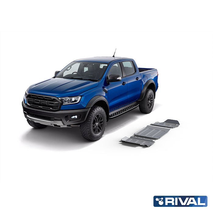 Kit protections inférieures en aluminium de 6mm pour Ford Raptor 2018-2022, par Rival4x4, montre les pièces robustes.