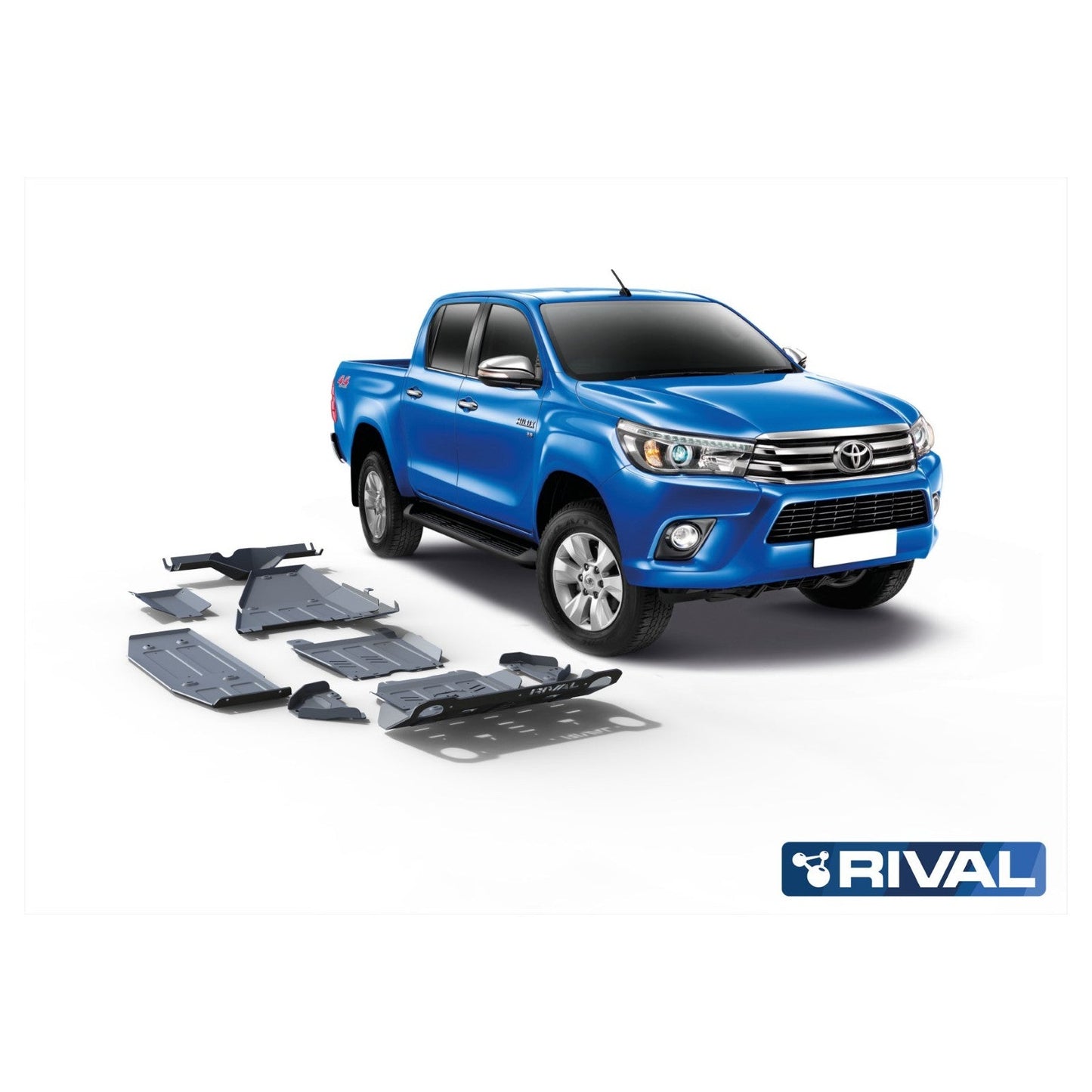Kit de protections inférieures intégrales RIVAL 4X4 pour Toyota Hilux Revo 2016+ en aluminium 6mm, protections robustes et durables.