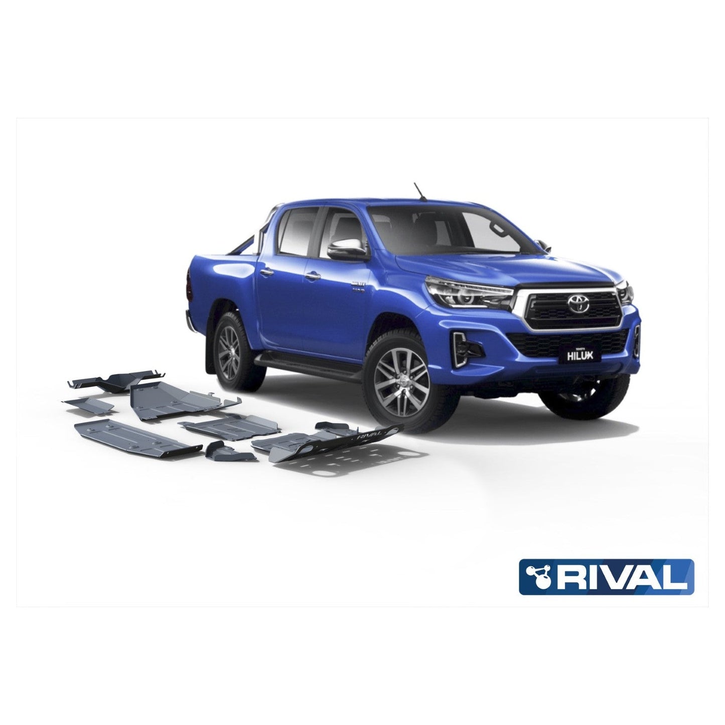 Kit de protections inférieures intégrales RIVAL 4X4 pour Toyota Hilux Revo 2016+ en aluminium 6mm, protections robustes et durables.